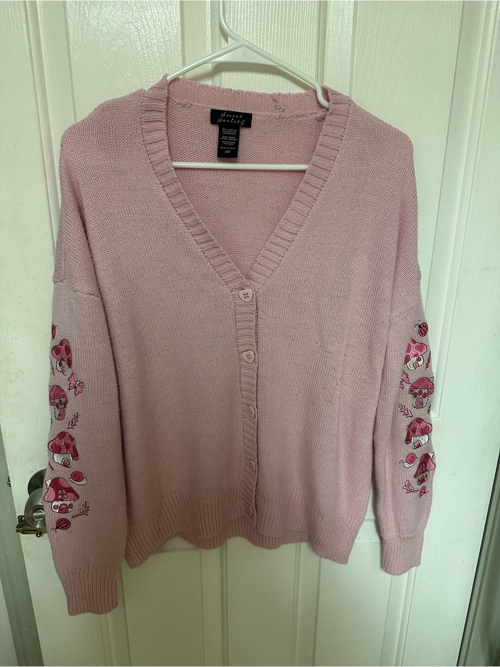 Sweet Society Pink V-Neck Embroidered Mushroom Sleeve Sweater Cardigan